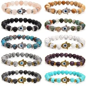 FINZOR 10Pcs Evil Eye Charm Beaded Bracelets for Women Men Semi-Precious Gemstones Bracelets Crystal Bracelet Hamsa Hand of Fatima Turkish Evil Eye Lucky Bracelet for Protection Blessing in Kuwait