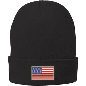 Trendy Apparel Shop US American Flag White Embroidered Winter Folded Long Beanie