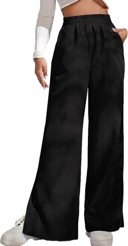 بنطال نسائي من Bozanly سروال قصير مستقيم الساق مرن عالي الخصر بفتحة جانبية وواسع الساق in Kuwait