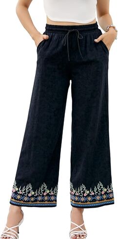 drakloak Women's Pants Casual,Floral Embroidered Wide Leg Pants for Women,High Waisted Pants for Women Long Loose Pants. in Kuwait