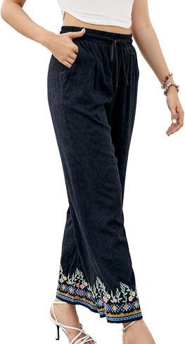 drakloak Women's Pants Casual,Floral Embroidered Wide Leg Pants for Women,High Waisted Pants for Women Long Loose Pants. in Kuwait
