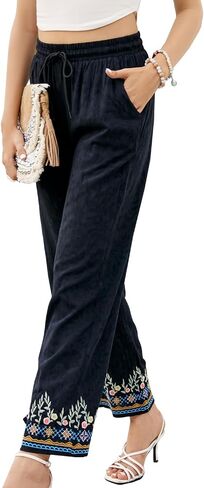 drakloak Women's Pants Casual,Floral Embroidered Wide Leg Pants for Women,High Waisted Pants for Women Long Loose Pants. in Kuwait