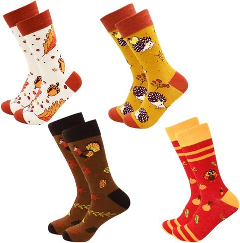 UMEELR 4 Pairs Thanksgiving Socks Autumn Fall Socks Novelty Holiday Maple Leaf Pumpkin Turkey Socks Funny Crew Socks for Women Men in Saudi Arabia