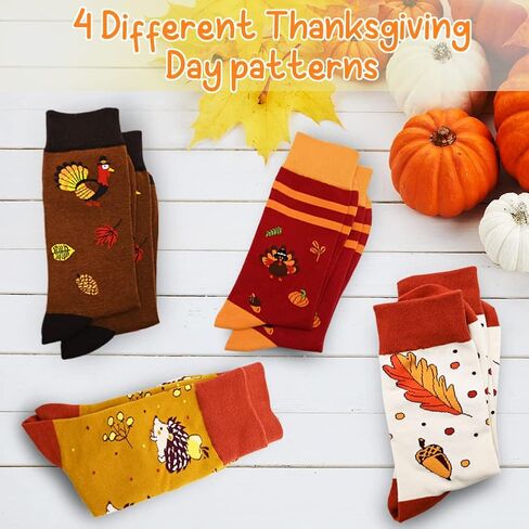 UMEELR 4 Pairs Thanksgiving Socks Autumn Fall Socks Novelty Holiday Maple Leaf Pumpkin Turkey Socks Funny Crew Socks for Women Men in Saudi Arabia