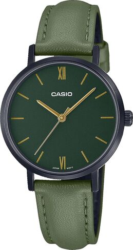 Casio LTP-VT02BL-3A Women's Minimalistic Black IP Green Dial Leather Band 3-Hand Analog Watch in Saudi Arabia