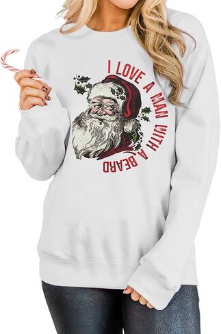 GLIGLITTR Womens Santa Sweatshirt Christmas Santas Beard Graphic Pullover Sweater Xmas Crewneck Oversized Holiday Clothes in Saudi Arabia