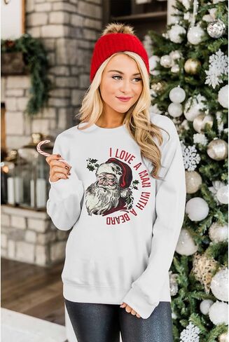 GLIGLITTR Womens Santa Sweatshirt Christmas Santas Beard Graphic Pullover Sweater Xmas Crewneck Oversized Holiday Clothes in Saudi Arabia