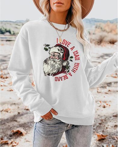 GLIGLITTR Womens Santa Sweatshirt Christmas Santas Beard Graphic Pullover Sweater Xmas Crewneck Oversized Holiday Clothes in Saudi Arabia