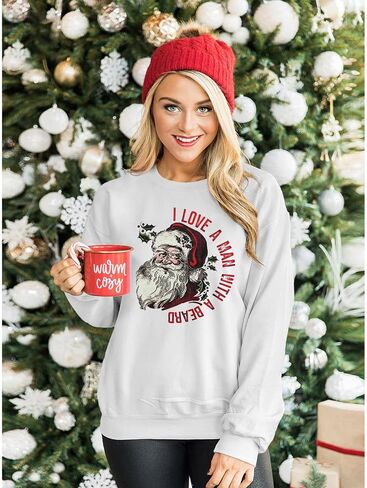 GLIGLITTR Womens Santa Sweatshirt Christmas Santas Beard Graphic Pullover Sweater Xmas Crewneck Oversized Holiday Clothes in Saudi Arabia
