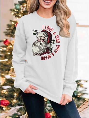 GLIGLITTR Womens Santa Sweatshirt Christmas Santas Beard Graphic Pullover Sweater Xmas Crewneck Oversized Holiday Clothes in Saudi Arabia