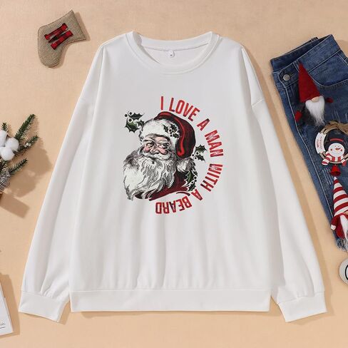GLIGLITTR Womens Santa Sweatshirt Christmas Santas Beard Graphic Pullover Sweater Xmas Crewneck Oversized Holiday Clothes in Saudi Arabia