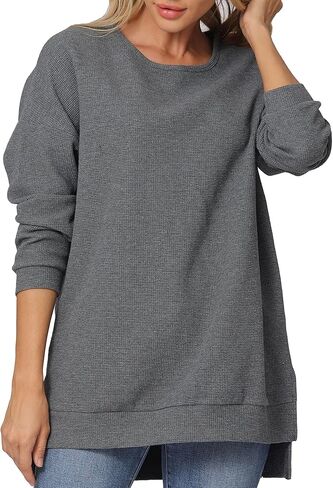 Vodikar Womens Oversized Waffle Knit Crewneck Sweatshirts Long Sleeve Side Slits Casual Pullover Sweatshirt Tops in Kuwait