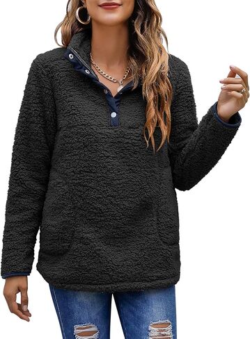 Bashafo Women’s Warm Sherpa Pullover Button Collar Fleece Sweatshirt Winter Long Sleeve Tops Coat with Pockets in Saudi Arabia