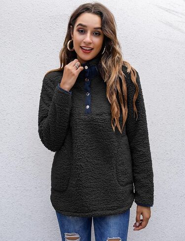 Bashafo Women’s Warm Sherpa Pullover Button Collar Fleece Sweatshirt Winter Long Sleeve Tops Coat with Pockets in Saudi Arabia