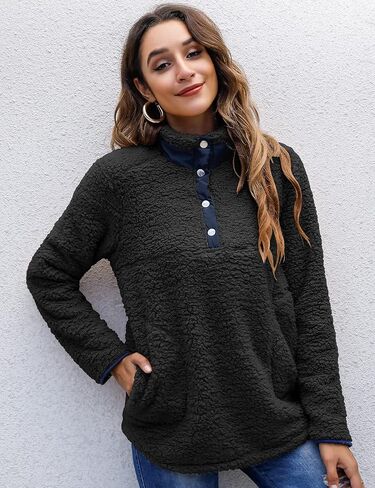 Bashafo Women’s Warm Sherpa Pullover Button Collar Fleece Sweatshirt Winter Long Sleeve Tops Coat with Pockets in Saudi Arabia