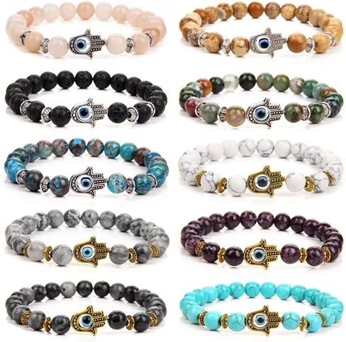 FINZOR 10Pcs Evil Eye Charm Beaded Bracelets for Women Men Semi-Precious Gemstones Bracelets Crystal Bracelet Hamsa Hand of Fatima Turkish Evil Eye Lucky Bracelet for Protection Blessing in Kuwait