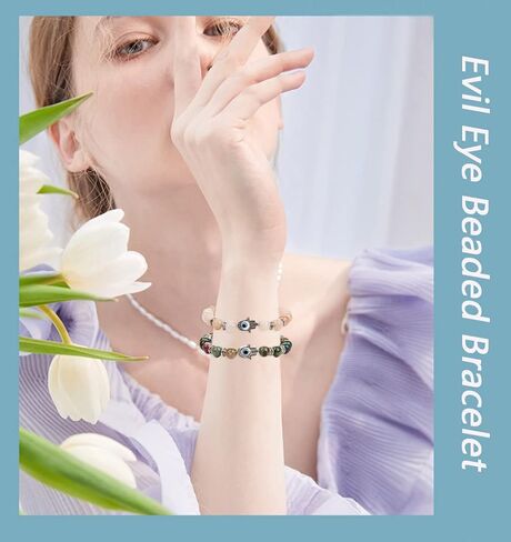 FINZOR 10Pcs Evil Eye Charm Beaded Bracelets for Women Men Semi-Precious Gemstones Bracelets Crystal Bracelet Hamsa Hand of Fatima Turkish Evil Eye Lucky Bracelet for Protection Blessing in Kuwait