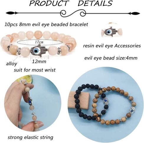 FINZOR 10Pcs Evil Eye Charm Beaded Bracelets for Women Men Semi-Precious Gemstones Bracelets Crystal Bracelet Hamsa Hand of Fatima Turkish Evil Eye Lucky Bracelet for Protection Blessing in Kuwait