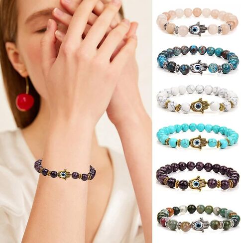 FINZOR 10Pcs Evil Eye Charm Beaded Bracelets for Women Men Semi-Precious Gemstones Bracelets Crystal Bracelet Hamsa Hand of Fatima Turkish Evil Eye Lucky Bracelet for Protection Blessing in Kuwait