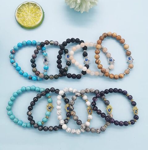 FINZOR 10Pcs Evil Eye Charm Beaded Bracelets for Women Men Semi-Precious Gemstones Bracelets Crystal Bracelet Hamsa Hand of Fatima Turkish Evil Eye Lucky Bracelet for Protection Blessing in Kuwait