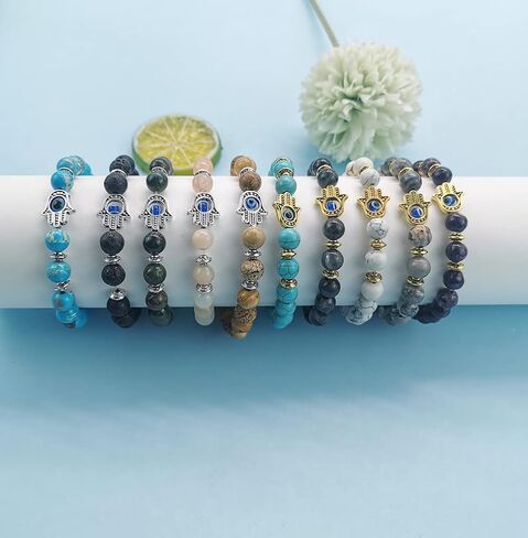 FINZOR 10Pcs Evil Eye Charm Beaded Bracelets for Women Men Semi-Precious Gemstones Bracelets Crystal Bracelet Hamsa Hand of Fatima Turkish Evil Eye Lucky Bracelet for Protection Blessing in Kuwait