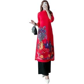 مجموعة CuteSass Red Ngu Qua Chiffon Ao Dai | الفيتنامية الحديثة المعدة مسبقًا آو داي| آو داي مع السراويل| السنة القمرية الجديدة in Kuwait