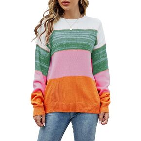 LIFOER Women's Color Block Pullover Sweater Long Sleeve Knit Patchwork Sweater Casual Crewneck Jumper Tops in Kuwait