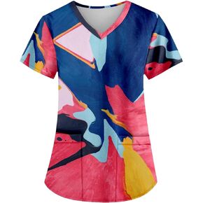 AMOMA Women's Abstract Oil Painting Nursing Shirts Gradient Paint V-Neck Scrub Tops with Two Pockets in Kuwait