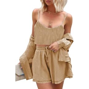 Pink Queen Womens Casual 3 Piece Outfits Long Sleeve Button Down Shirt Cropped Cami Top And Drawstring Shorts Sweatsuit Sets