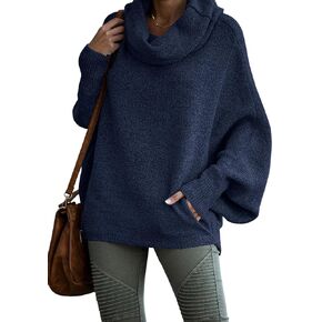 Womens Cowl Neck Pullover Sweater with Pockets Batwing Long Sleeve Sweatshirts Casual Lantern Turtleneck ​Jumper Tops