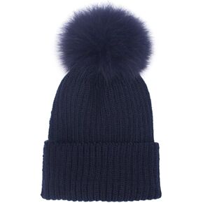 Fox Pom Knit Hat - Removable Pom Pom Fur Ski Style Hat - Warm Winter Fashion