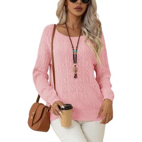 QUEZHU Women's Long Sleeve Sweater Tops Crew Neck Cable Knit Casual Pullover Shirt