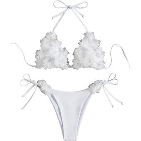 GORGLITTER Women's Appliques Triangle Bikini Set Halter Wireless Bra and Tie Side Thong Swimsuit Set