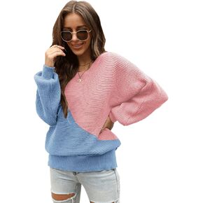 كنزة نسائية من Angashion-متماسكة كبيرة الحجم، كتلة الألوان، كتف منسدل، كم جناح الخفّاش، سترة علوية in Kuwait