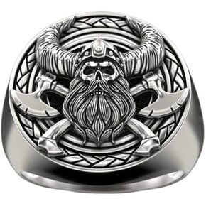 Viking Skull Ring for Men, Viking Warrior Ring, Crossed Axe Skull Head Ring, Vintage Gladiator Helmet Skull Ring, Nordic Warriors Skull Tribal Amulet Ring, Punk Skull Jewelry Gift