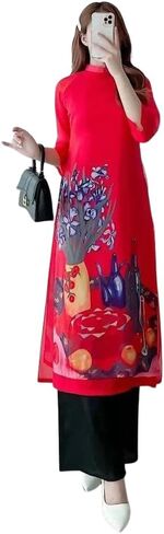 مجموعة CuteSass Red Ngu Qua Chiffon Ao Dai | الفيتنامية الحديثة المعدة مسبقًا آو داي| آو داي مع السراويل| السنة القمرية الجديدة in Kuwait