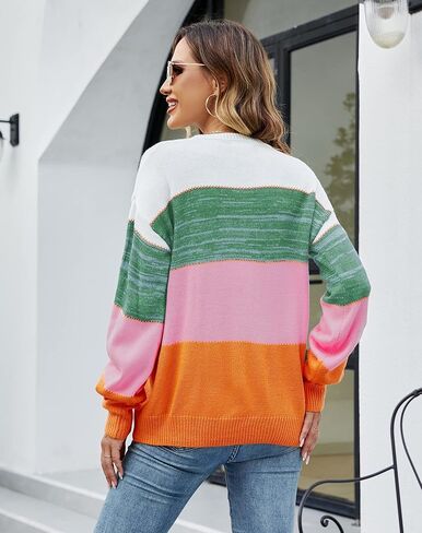 LIFOER Women's Color Block Pullover Sweater Long Sleeve Knit Patchwork Sweater Casual Crewneck Jumper Tops in Kuwait