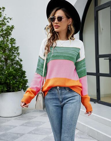 LIFOER Women's Color Block Pullover Sweater Long Sleeve Knit Patchwork Sweater Casual Crewneck Jumper Tops in Kuwait