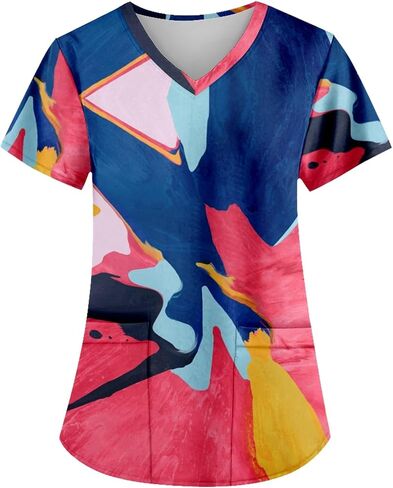 AMOMA Women's Abstract Oil Painting Nursing Shirts Gradient Paint V-Neck Scrub Tops with Two Pockets in Kuwait