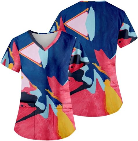 AMOMA Women's Abstract Oil Painting Nursing Shirts Gradient Paint V-Neck Scrub Tops with Two Pockets in Kuwait
