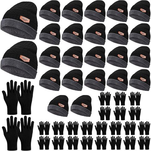 Suhine 48 Pcs Winter Beanies Gloves Combo Bulk Sets Fleece Knit Hat Snow Skull Cap Unisex Cozy Warm Mittens for Women Men Gift Black in Saudi Arabia
