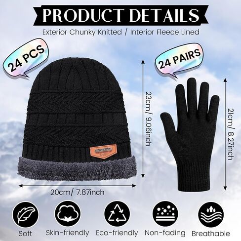 Suhine 48 Pcs Winter Beanies Gloves Combo Bulk Sets Fleece Knit Hat Snow Skull Cap Unisex Cozy Warm Mittens for Women Men Gift Black in Saudi Arabia