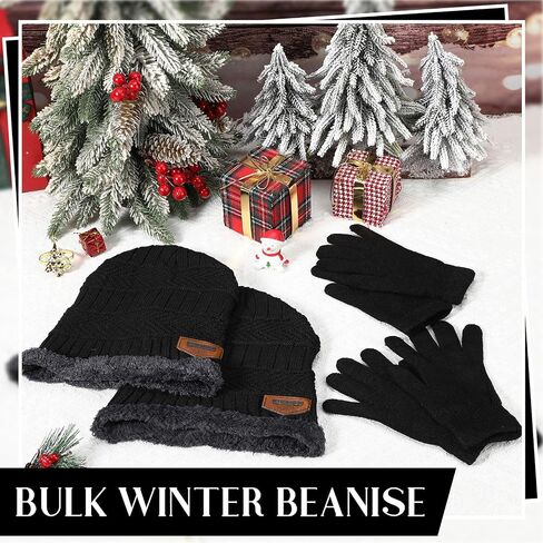Suhine 48 Pcs Winter Beanies Gloves Combo Bulk Sets Fleece Knit Hat Snow Skull Cap Unisex Cozy Warm Mittens for Women Men Gift Black in Saudi Arabia