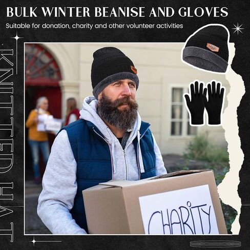 Suhine 48 Pcs Winter Beanies Gloves Combo Bulk Sets Fleece Knit Hat Snow Skull Cap Unisex Cozy Warm Mittens for Women Men Gift Black in Saudi Arabia