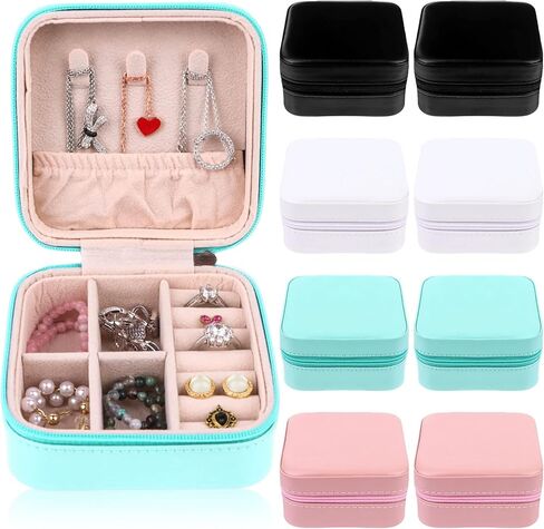 سوشافن صندوق مجوهرات صغير من جلد البولي يوريثين، صندوق مجوهرات للسفر، منظم مجوهرات صغير محمول، منظم مجوهرات صغير للسفر، صندوق تخزين للخواتم والاقراط والقلادات، هدايا للنساء والفتيات - 8 قطع in Kuwait