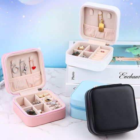سوشافن صندوق مجوهرات صغير من جلد البولي يوريثين، صندوق مجوهرات للسفر، منظم مجوهرات صغير محمول، منظم مجوهرات صغير للسفر، صندوق تخزين للخواتم والاقراط والقلادات، هدايا للنساء والفتيات - 8 قطع in Kuwait