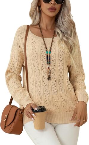 QUEZHU Women's Long Sleeve Sweater Tops Crew Neck Cable Knit Casual Pullover Shirt in Saudi Arabia