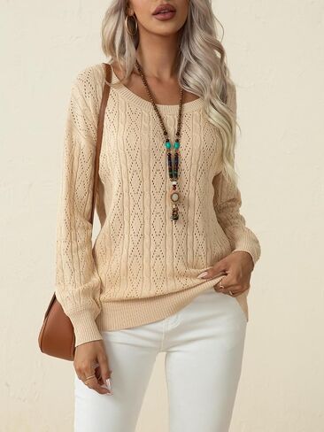 QUEZHU Women's Long Sleeve Sweater Tops Crew Neck Cable Knit Casual Pullover Shirt in Saudi Arabia