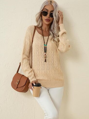 QUEZHU Women's Long Sleeve Sweater Tops Crew Neck Cable Knit Casual Pullover Shirt in Saudi Arabia