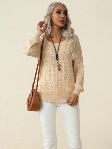 QUEZHU Women's Long Sleeve Sweater Tops Crew Neck Cable Knit Casual Pullover Shirt in Saudi Arabia